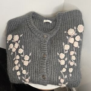 Gray Floral Embroidered Women's Sweater